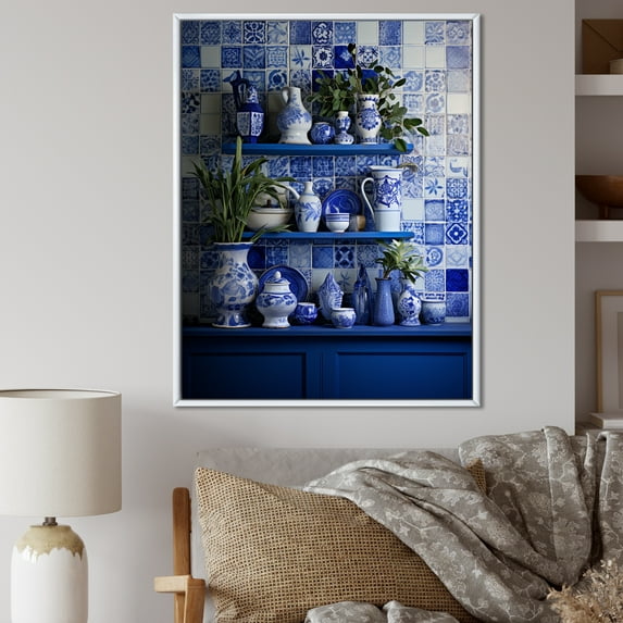 Designart "Mediterranean Still Life with Tiles I" Geometric Framed Wall Art - Bohemian Yellow Boho Pottery Bedroom Framed Canvas Wall Art