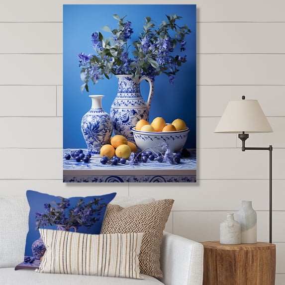 Designart "Mediterranean Still Life with Tiles II" Geometric Canvas Wall Art - Bohemian Yellow Boho Pottery Living Room Canvas Art