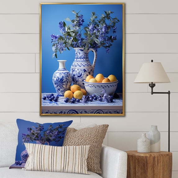 Designart "Mediterranean Still Life with Tiles IV" Geometric Framed Wall Art - Bohemian White Boho Pottery Living Room Framed Canvas Art