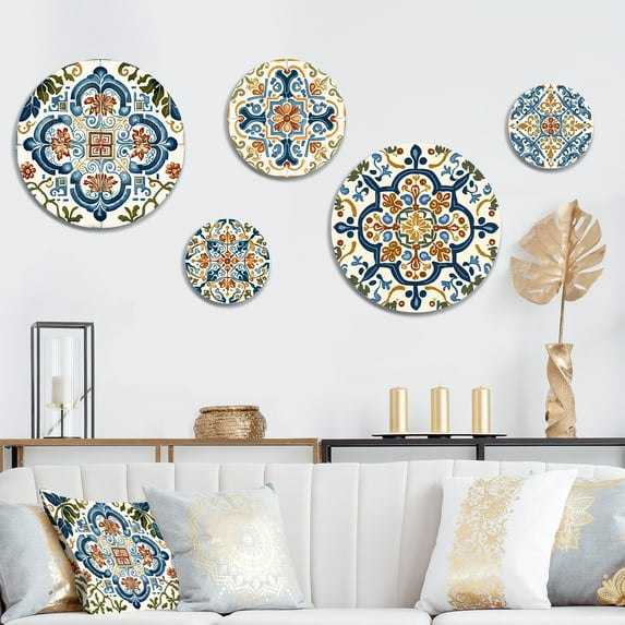Designart "Mediterranean Tiles In Retro Blue I" Abstract Tile Metal Wall Art Set of 5 Piece
