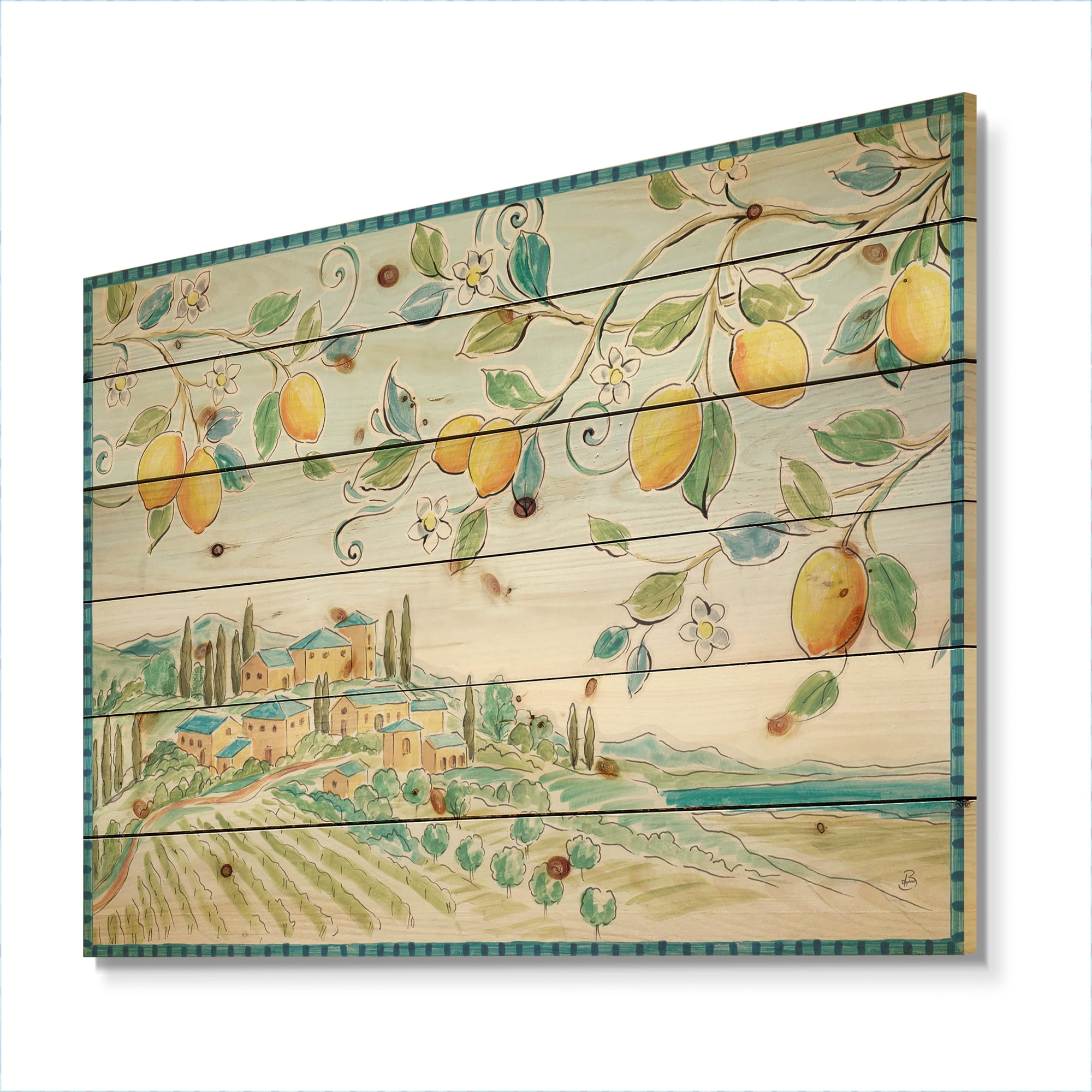 Designart 'Mediterranean Village Field Landscape' Traditional Print on Natural Pine Wood