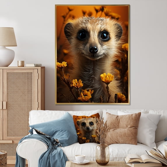 Designart "Meercat Animal in Orange and Brown" Animals Floater Framed Wall Art Print