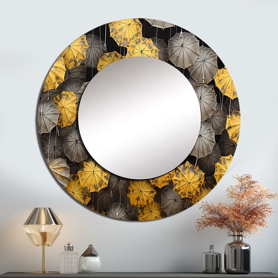 Designart "Mellow Umbrella Skyscape" Sky Rund Mirror For Wall Decor - Large Yellow Round Printed Mirror -Traditional Round Living Room Mirror - 36" x 36"