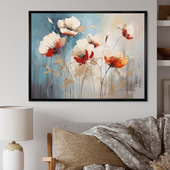 Designart "Melodic Beige Meadow Of Poppies I" Poppies Floater Framed Wall Art Living Room