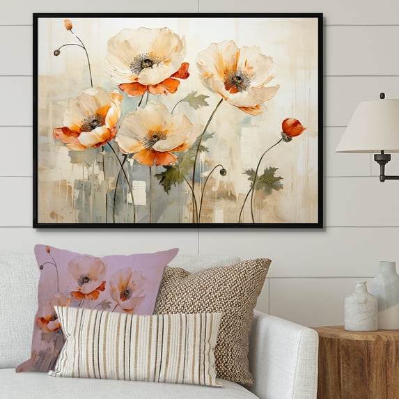 Designart "Melodic Beige Meadow Of Poppies II" Poppies Floater Framed Canvas Wall Art