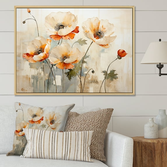Designart "Melodic Beige Meadow Of Poppies II" Poppies Floater Framed Canvas Wall Art