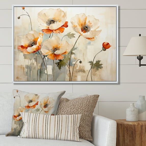 Designart "Melodic Beige Meadow Of Poppies II" Poppies Floater Framed Canvas Wall Art