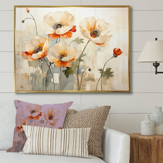 Designart "Melodic Beige Meadow Of Poppies II" Poppies Floater Framed Canvas Wall Art