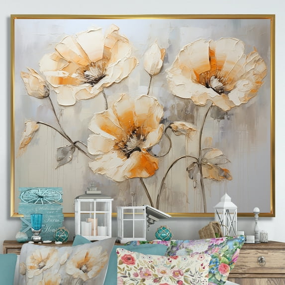 Designart "Melodic Beige Meadow Of Poppies VI" Poppies Floater Framed Wall Art Prints