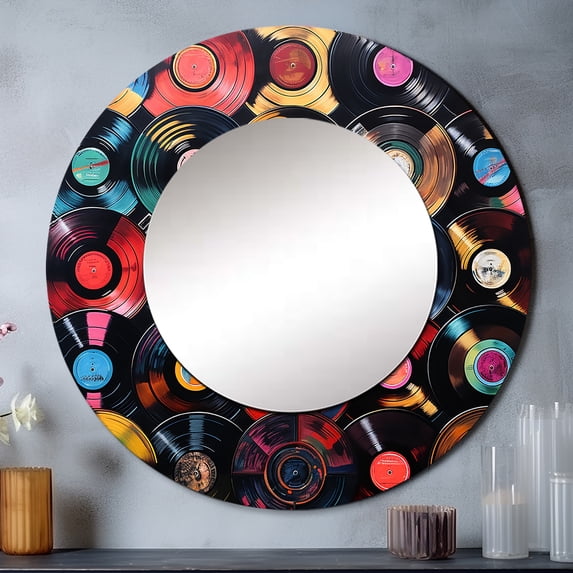 Designart "Melodic Colors of Vinyl Records III" Music Multi-Color Large Round Mirror - Round Mirror Wall Décor - Pop Art Round Printed Mirror 29" x 29" Inch