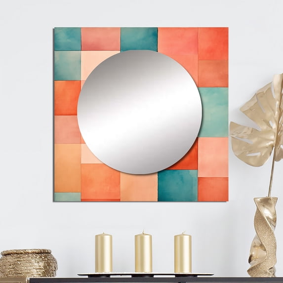 Designart "Melodic Coral Cubes Shapes I" Abstract Shapes Square Mirror For Wall Decor - Large Coral Square Printed Wall Mirror Art - Square Modern Mirror - Wall Mounted Square Large Mirror