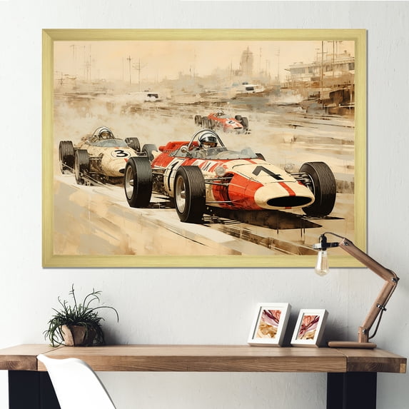 Designart "Melodic Journey of Vintage Rally Speed Car I" Architecture Framed Wall Art Decor - Modern Orange Race Tracks Entryway Framed Wall Art Print