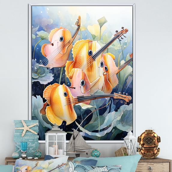 Designart "Melodic Orange Butterfly Fish" Animals Framed Wall Art - Modern Orange Butterfly Fish Hallway Framed Wall Art Decor