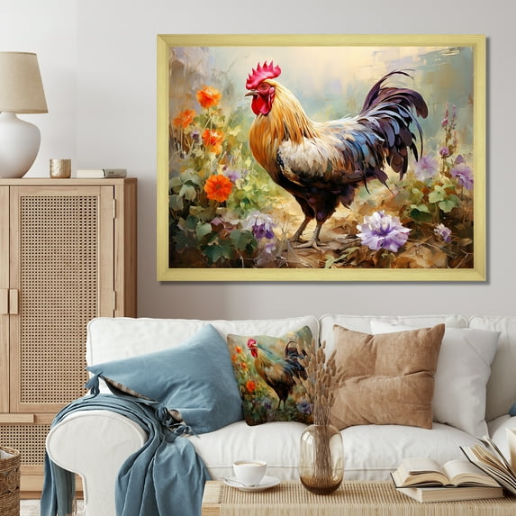 Designart "Melodic Rooster's Flower Gardens in Red" Animals Framed Wall Art Decor - Modern Farmhouse Red Rooster Entryway Framed Wall Art