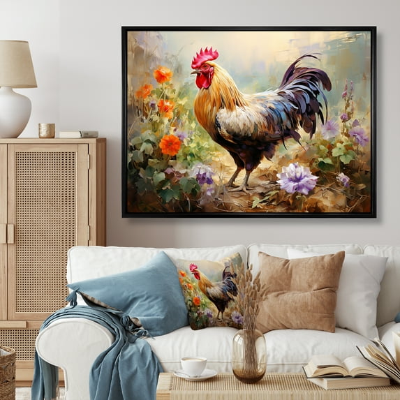 Designart "Melodic Rooster's Flower Gardens in Red" Animals Framed Wall Art - Modern Farmhouse Red Rooster Entryway Framed Wall Art Print