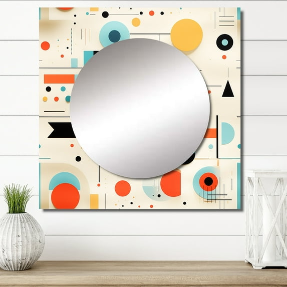 Designart "Melodic Spheres In Retro Geometric Triangles" 0 Square Mirror For Wall Decor - Large Blue Square Mirror Printed Wall Decor - Vintage Square Living Room Mirror