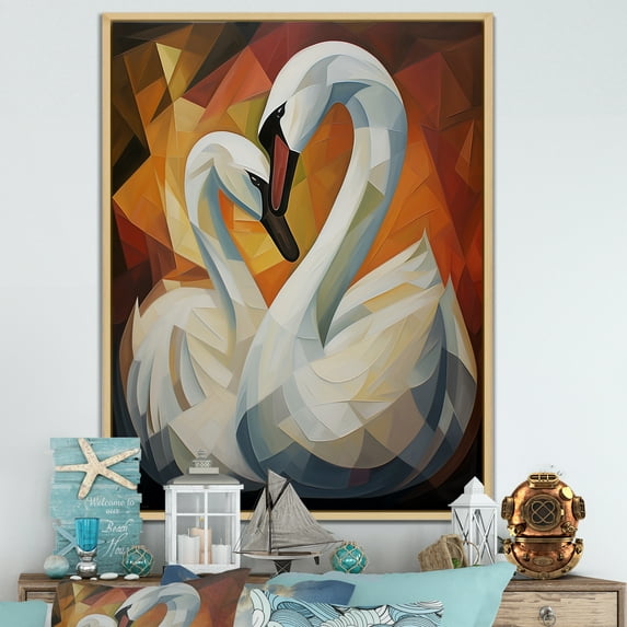 Designart "Melodic Swan Geometric Rhapsody I" Animals Swans Floater Framed Canvas Art Print