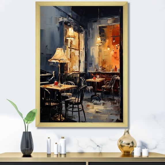 Designart "Melodic Vibes at Yellow and Grey Jazz Cafe I" Music Framed Wall Art - Traditional Yellow Music Jazz Entryway Framed Wall Art Print
