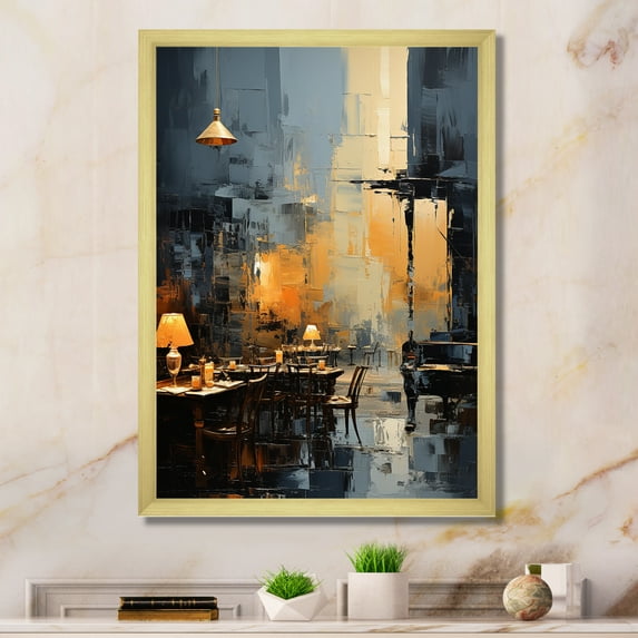 Designart "Melodic Vibes at Yellow and Grey Jazz Cafe II" Music Framed Wall Art - Traditional Yellow Music Jazz Entryway Framed Wall Art