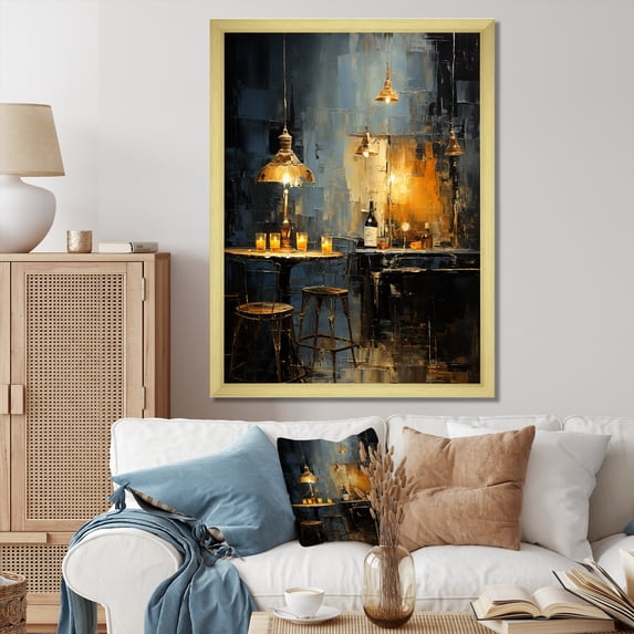 Designart "Melodic Vibes at Yellow and Grey Jazz Cafe III" Music Framed Wall Art - Traditional Yellow Music Jazz Hallway Framed Wall Art Decor