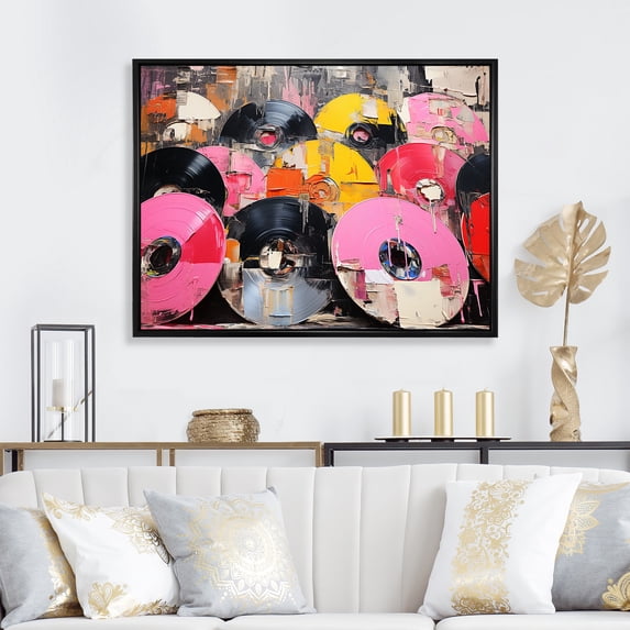 Designart "Melodic Vinyl Records in Black and Pink" Fashion Framed Wall Art - Modern Pink Vinyl Records Entryway Framed Wall Art