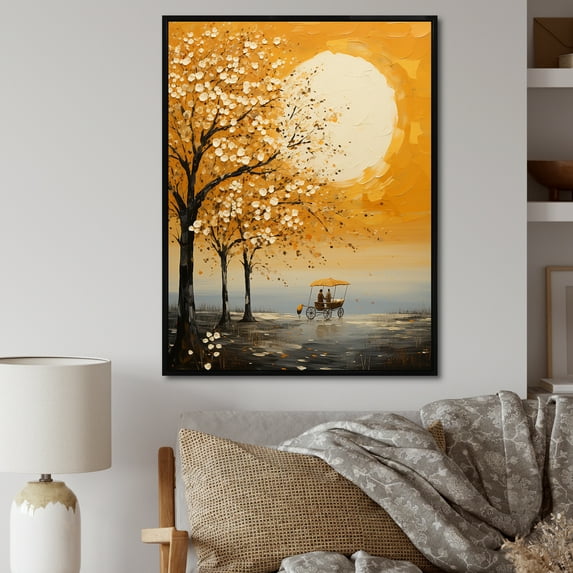 Designart "Melodic Yellow Old Carriage Cart" Old American Cart Floater Framed Wall Decor