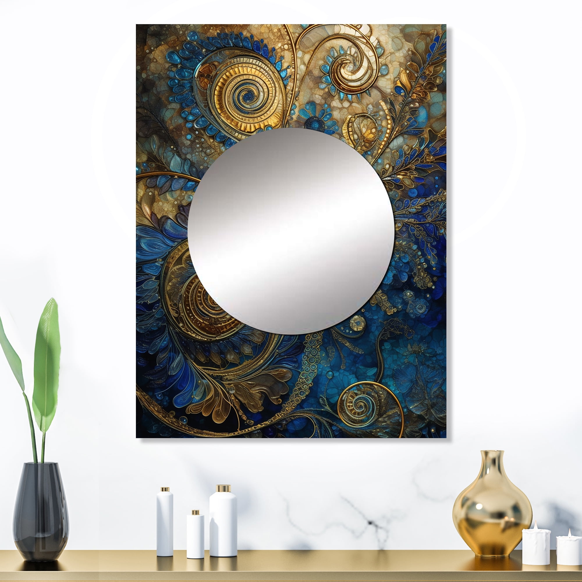 Boho Blue and Gold Geometric Vanity Mirror with Printed Metal Frame
