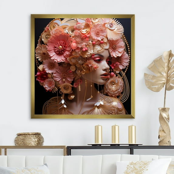 Designart "Melodies of Glamorous Woman in Pink and Gold II" Fashion Framed Wall Art Decor - Glam Pink Fashion Woman Entryway Framed Wall Art Print