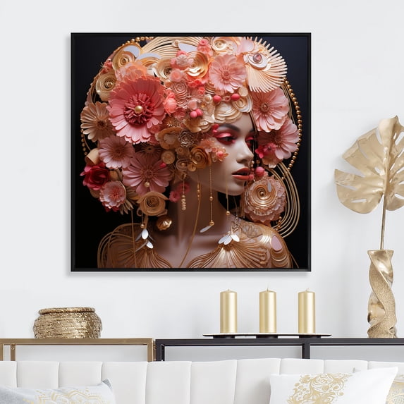 Designart "Melodies of Glamorous Woman in Pink and Gold II" Fashion Framed Wall Art - Pink Fashion Woman Entryway Framed Wall Art Print