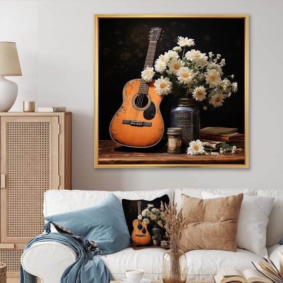 Designart "Melodies of the Countryside Musical Bliss I" Entertainment Framed Wall Art - Vintage White Music Living Room Framed Canvas Art