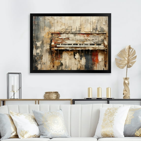 Designart "Melodies on Rustic Brown Piano I" Music Framed Wall Art Decor - Vintage Brown Music Piano Living Room Framed Canvas Art