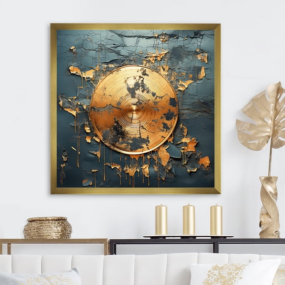 Designart "Melody of Gold and Grey Vinyl Records IV" Fashion Framed Wall Art Decor - Modern Gold Vinyl Records Hallway Framed Wall Art Decor