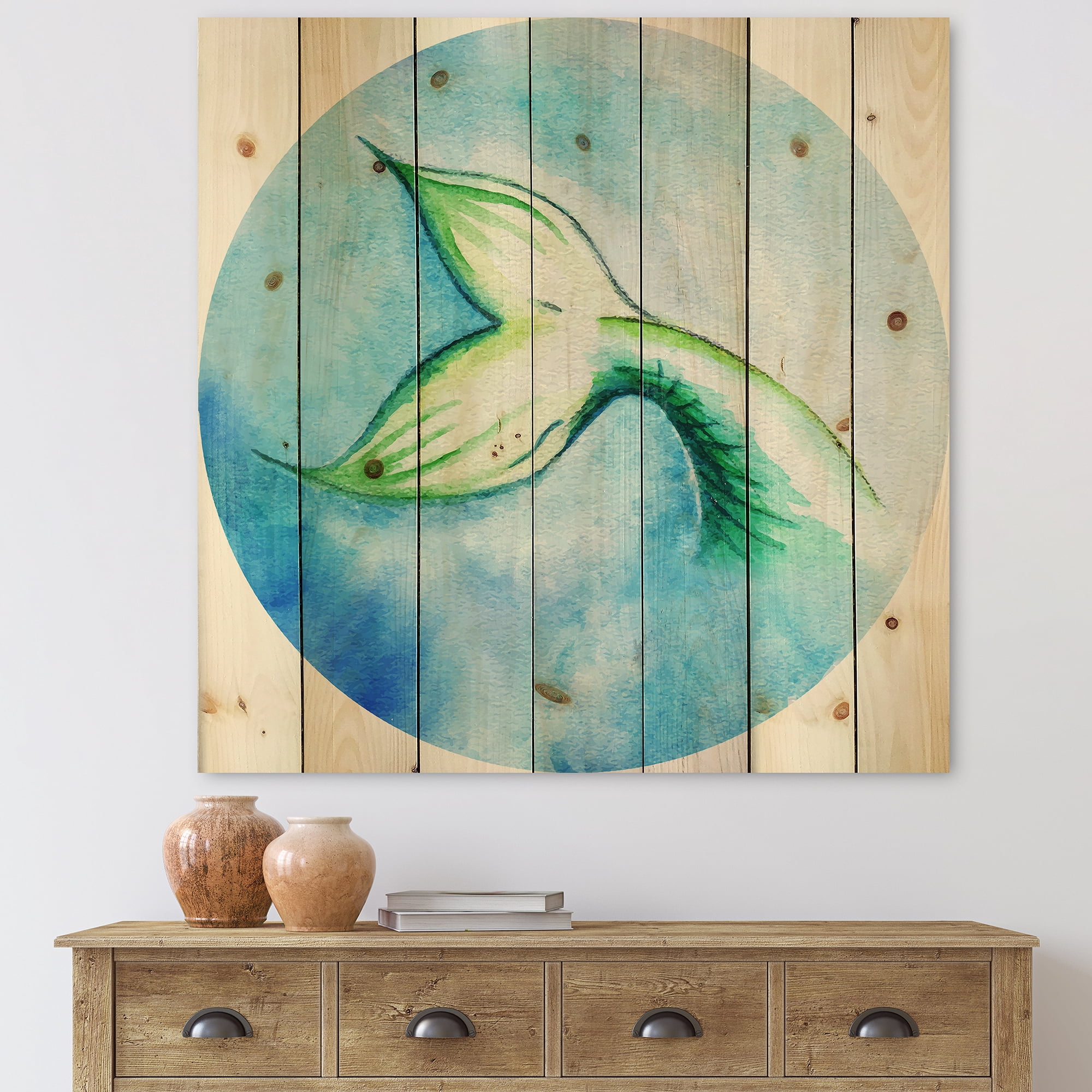 Designart 'Mermaid Green Fish Tail' Nautical & Coastal Print on Natural Pine Wood