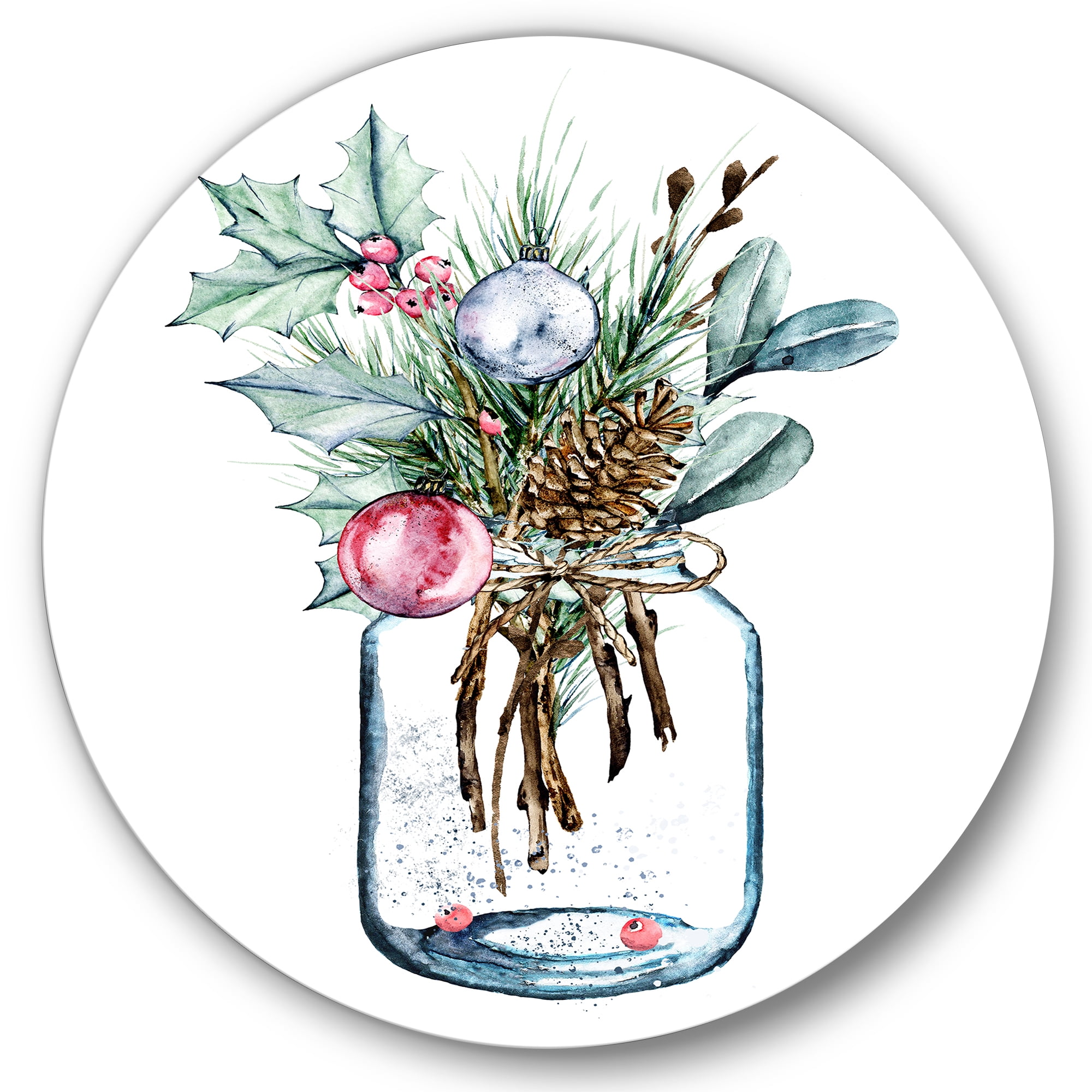 Designart 'Merry Christmas Bouquet In Transparant Jar' Traditional Circle Metal Wall Art 36x36 - Disc of 36