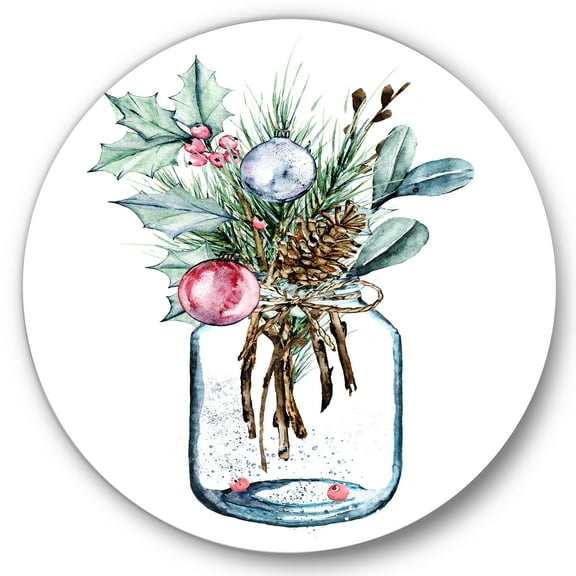Designart 'Merry Christmas Bouquet In Transparant Jar' Traditional Circle Metal Wall Art 36x36 - Disc of 36