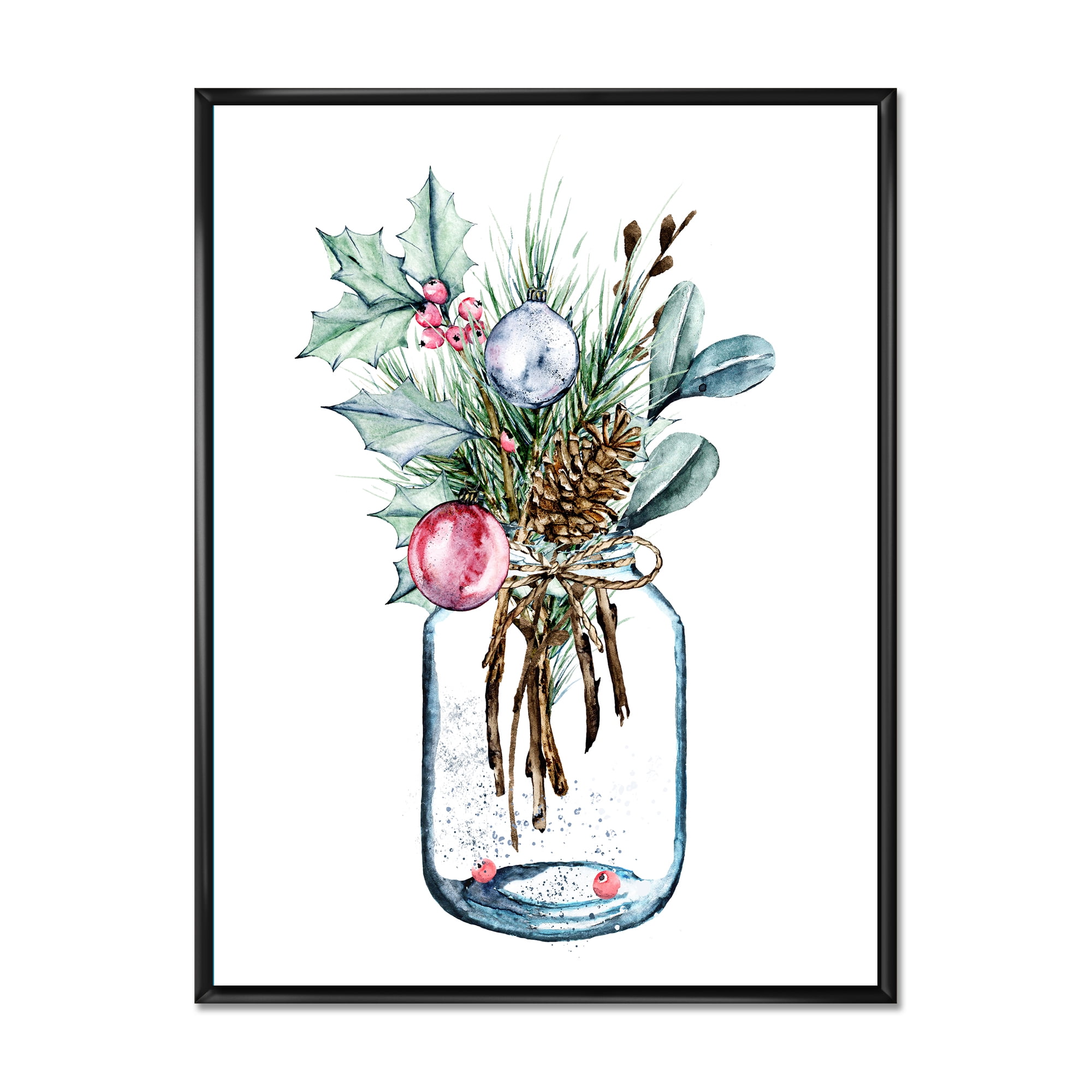 Designart 'Merry Christmas Bouquet In Transparant Jar' Traditional Framed Canvas Wall Art Print