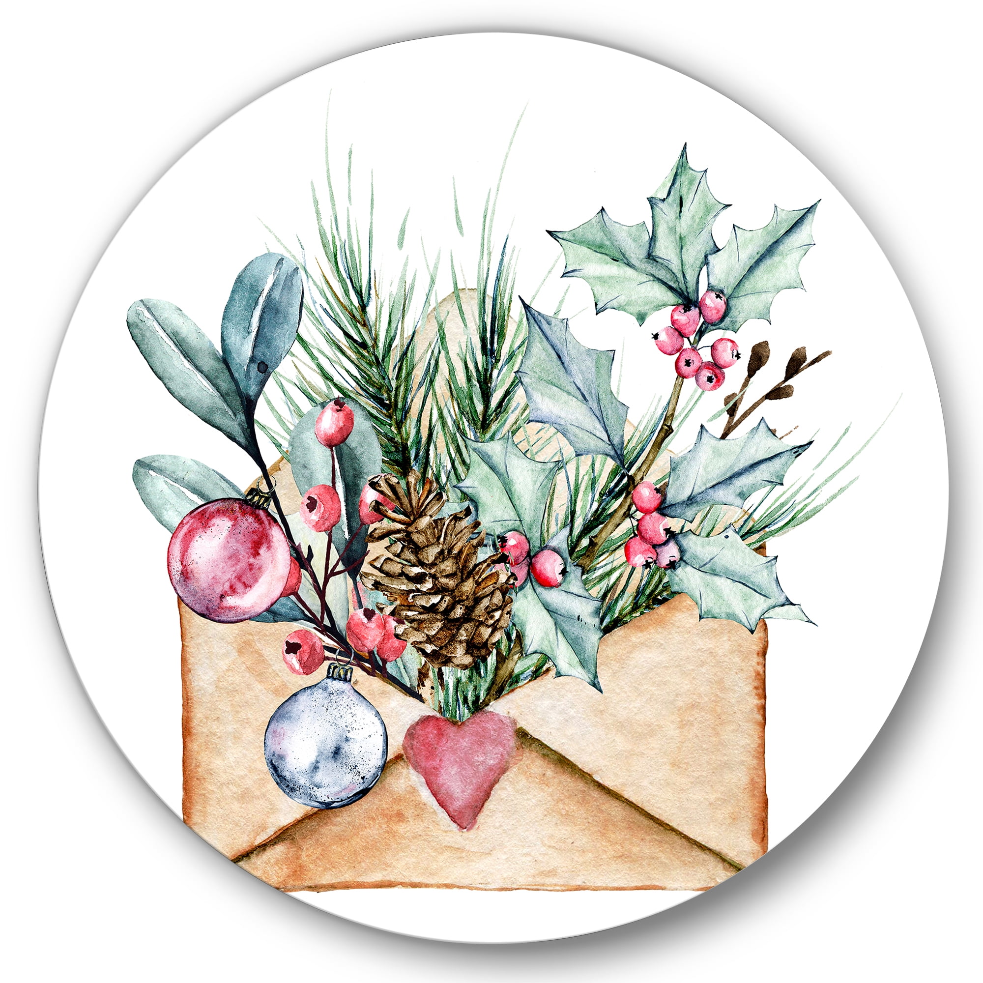 Designart 'Merry Christmas Greeting Card Envelope' Traditional Circle Metal Wall Art 29x29 - Disc of 29