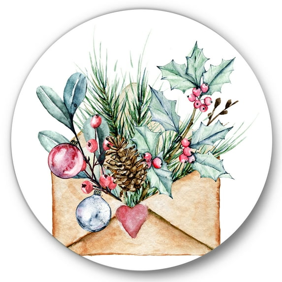 Designart 'Merry Christmas Greeting Card Envelope' Traditional Circle Metal Wall Art 36x36 - Disc of 36