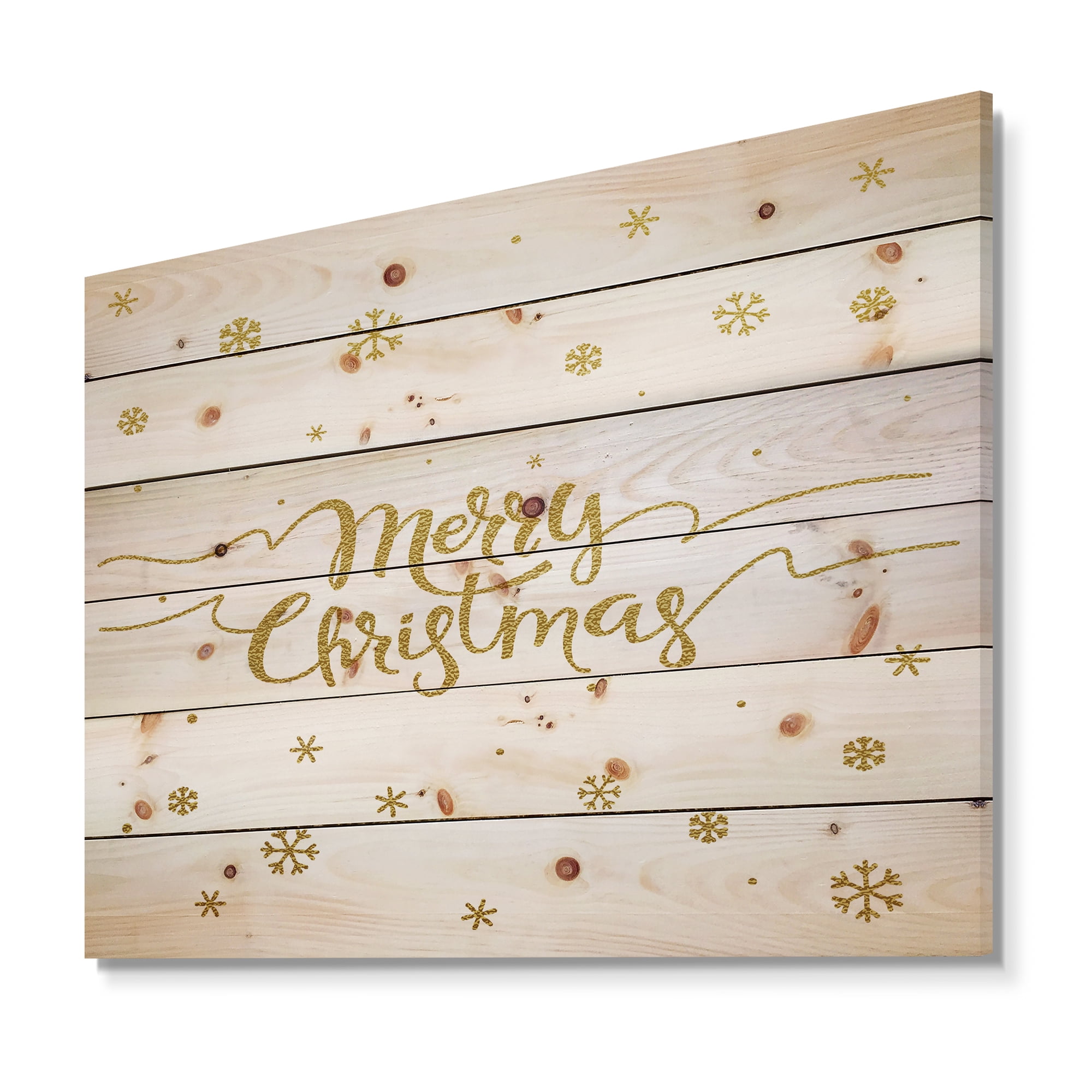Designart 'Merry Christmas Handwritten Wish on white and gold' Print on Natural Pine Wood