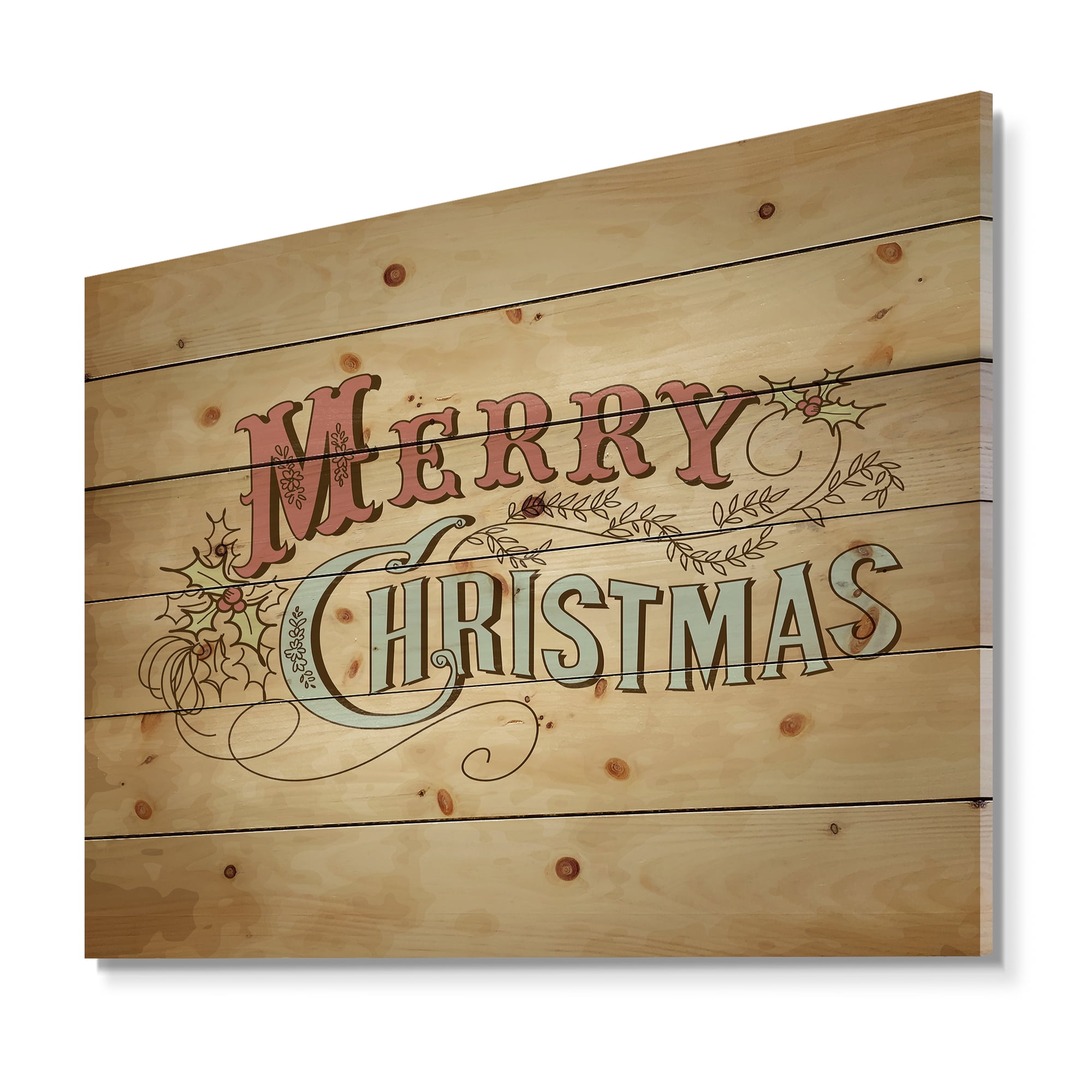 Designart 'Merry Christmas Vintage Wish in Western Font' Print on Natural Pine Wood