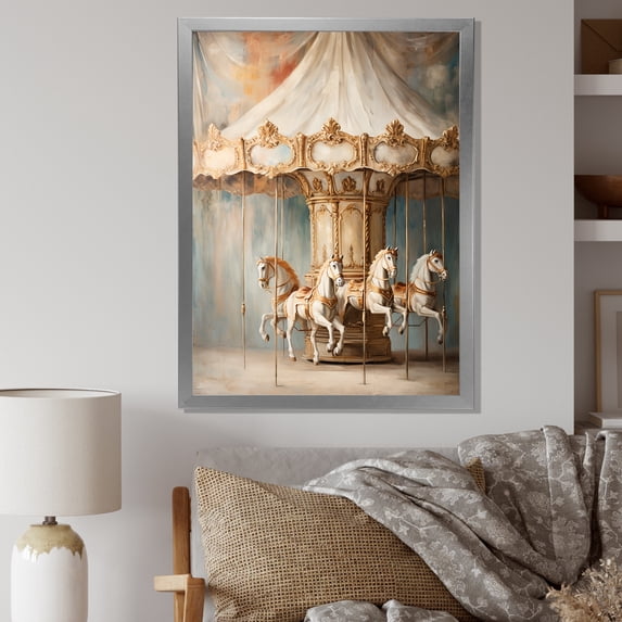 Designart "Merry-Go-Round Carousel in Beige Vintage Style" Architecture Framed Wall Art - Traditional Beige Carousel Living Room Framed Canvas Art