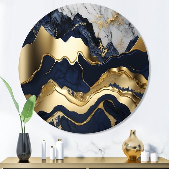 Designart "Mesmerizing Marble Abstraction Blue and Gold I" Abstract Marble Round Metal Art