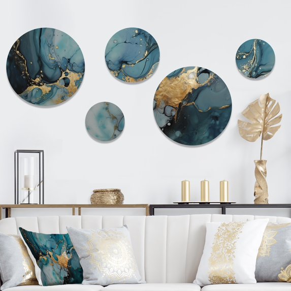 Designart "Mesmerizing Marble Abstraction Blue and Gold II" Abstract Marble Metal Wall Art Set of 5 Piece
