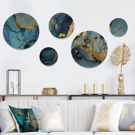 Designart "Mesmerizing Marble Abstraction Blue and Gold III" Abstract Marble Metal Wall Art Set of 5 Piece
