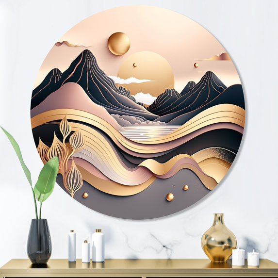 Designart "Metallic Beach View Gold III" Minimalism Landscape Metal Round Wall Art
