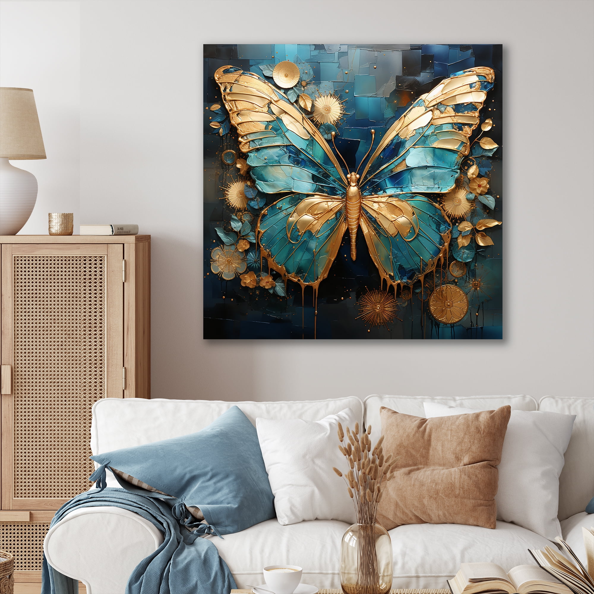 Metallic Gold and Blue Butterfly Canvas Art, 16" x 16"