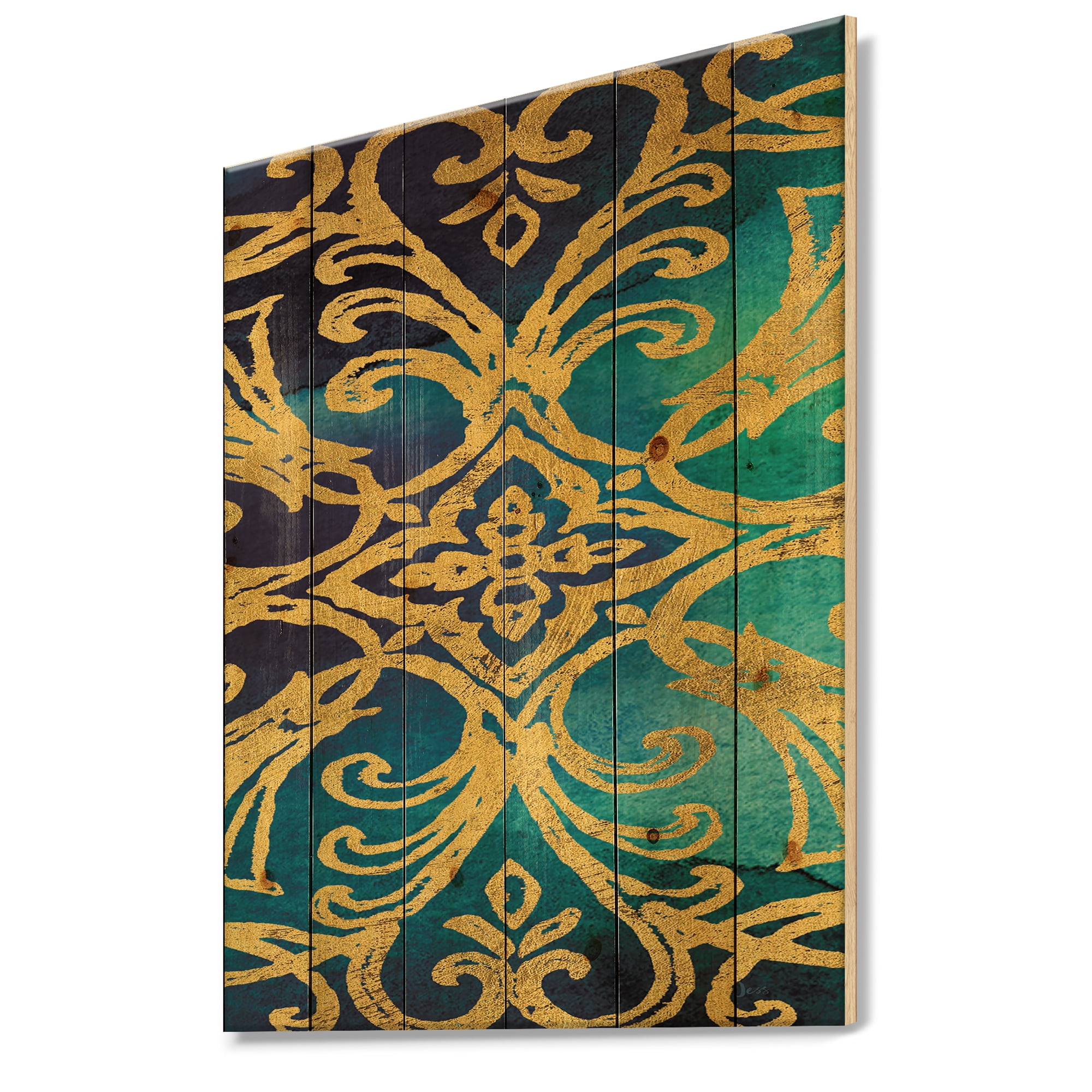Designart 'Metallic Glam Gold Indigo Form I' Transitional Print on Natural Pine Wood