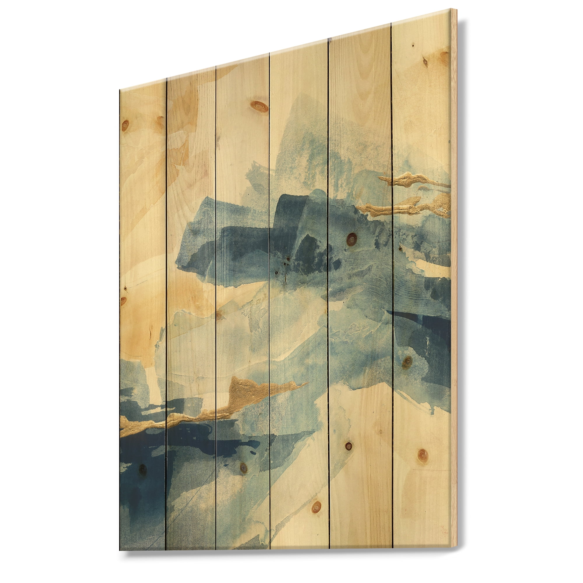 Designart 'Metallic Gold Indigo II' Modern Glam Print on Natural Pine Wood