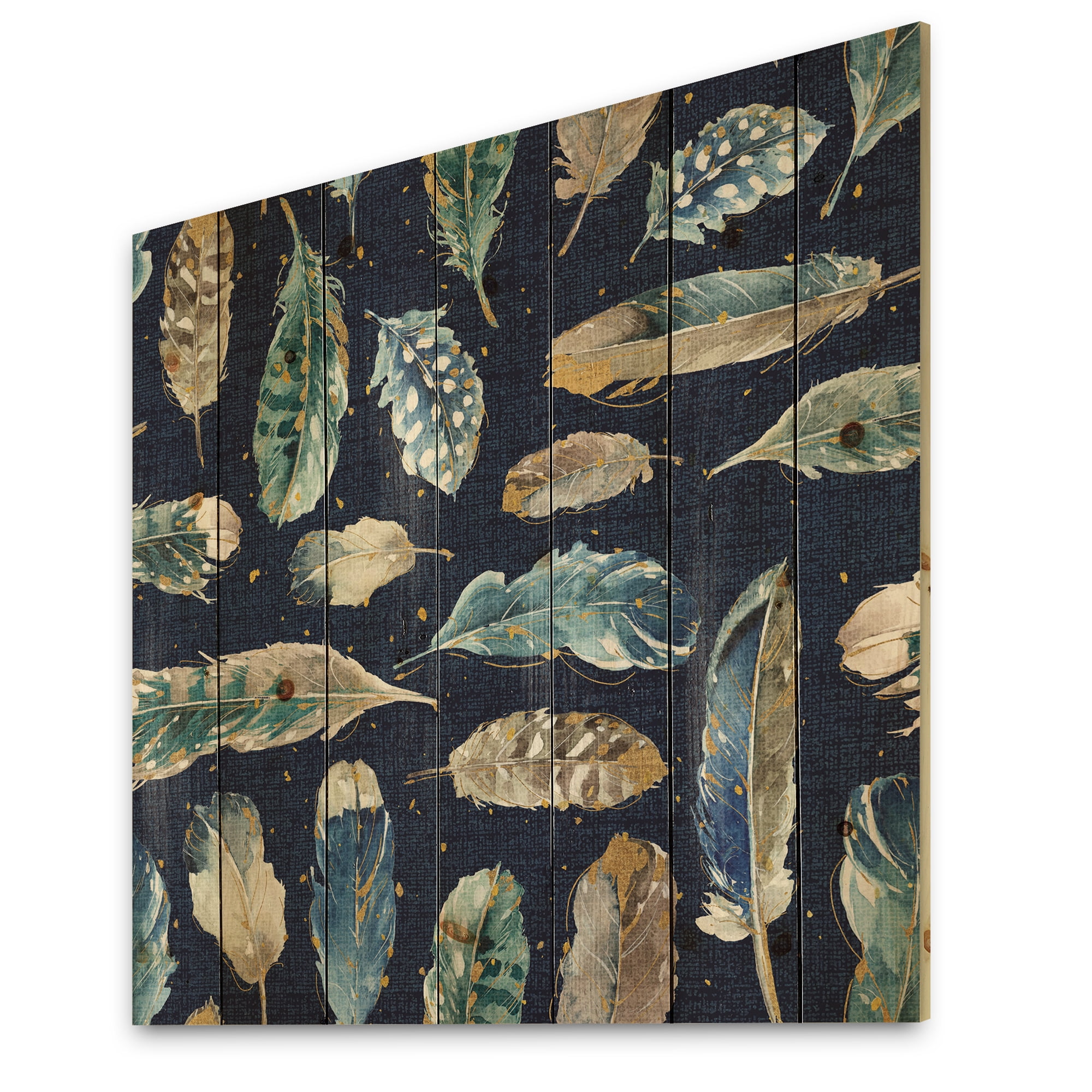 Designart 'Metallic Indigold Feathers Pattern' Floral Print on Natural Pine Wood