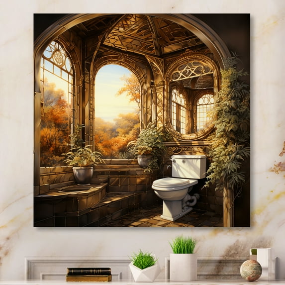 Designart "Metallic Oasis Golden Toilet Elegance II" Bath & Laundry Metal Wall Art Prints